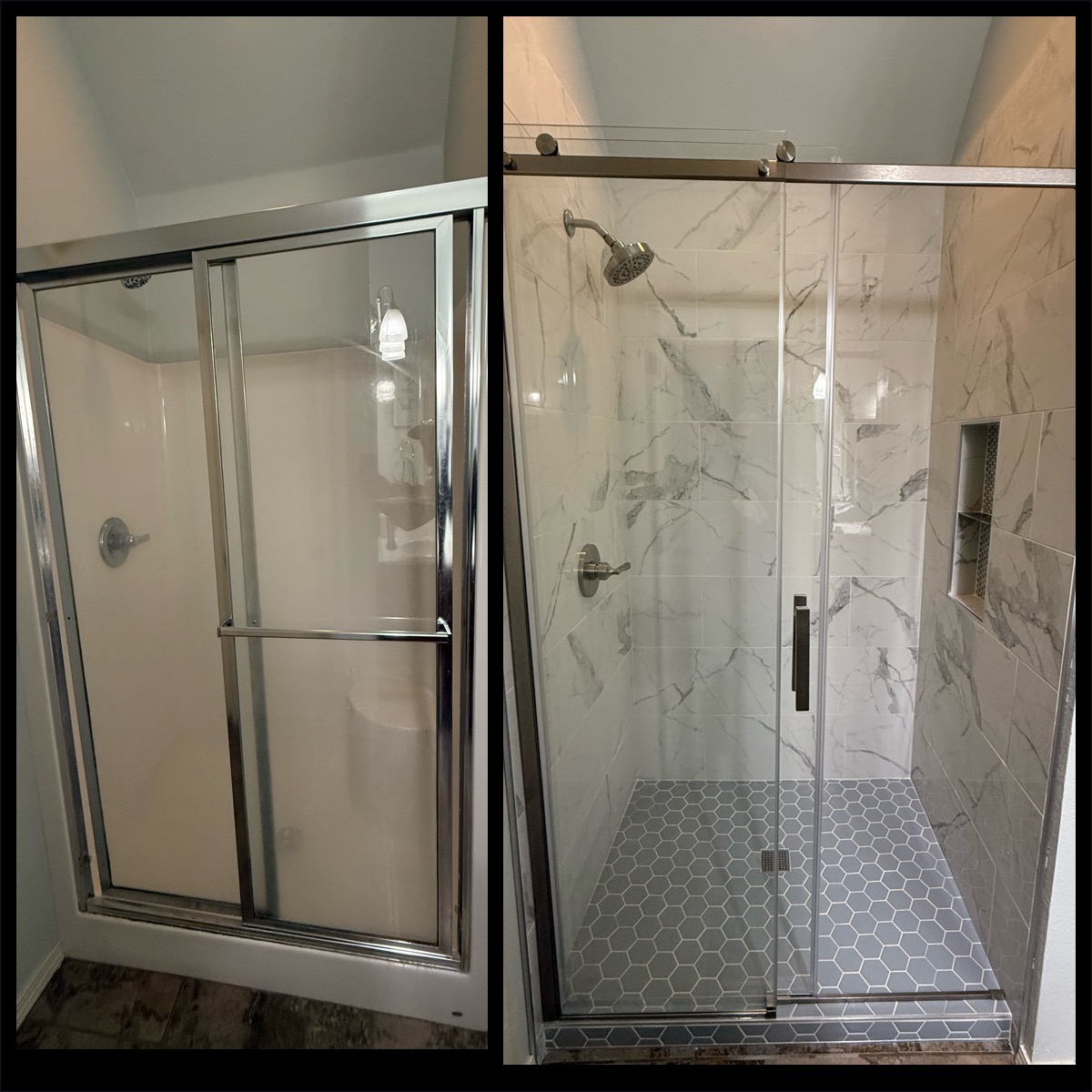 Before and after of a shower remodel, old framed door replaced by marble look tile and a hex tile floor