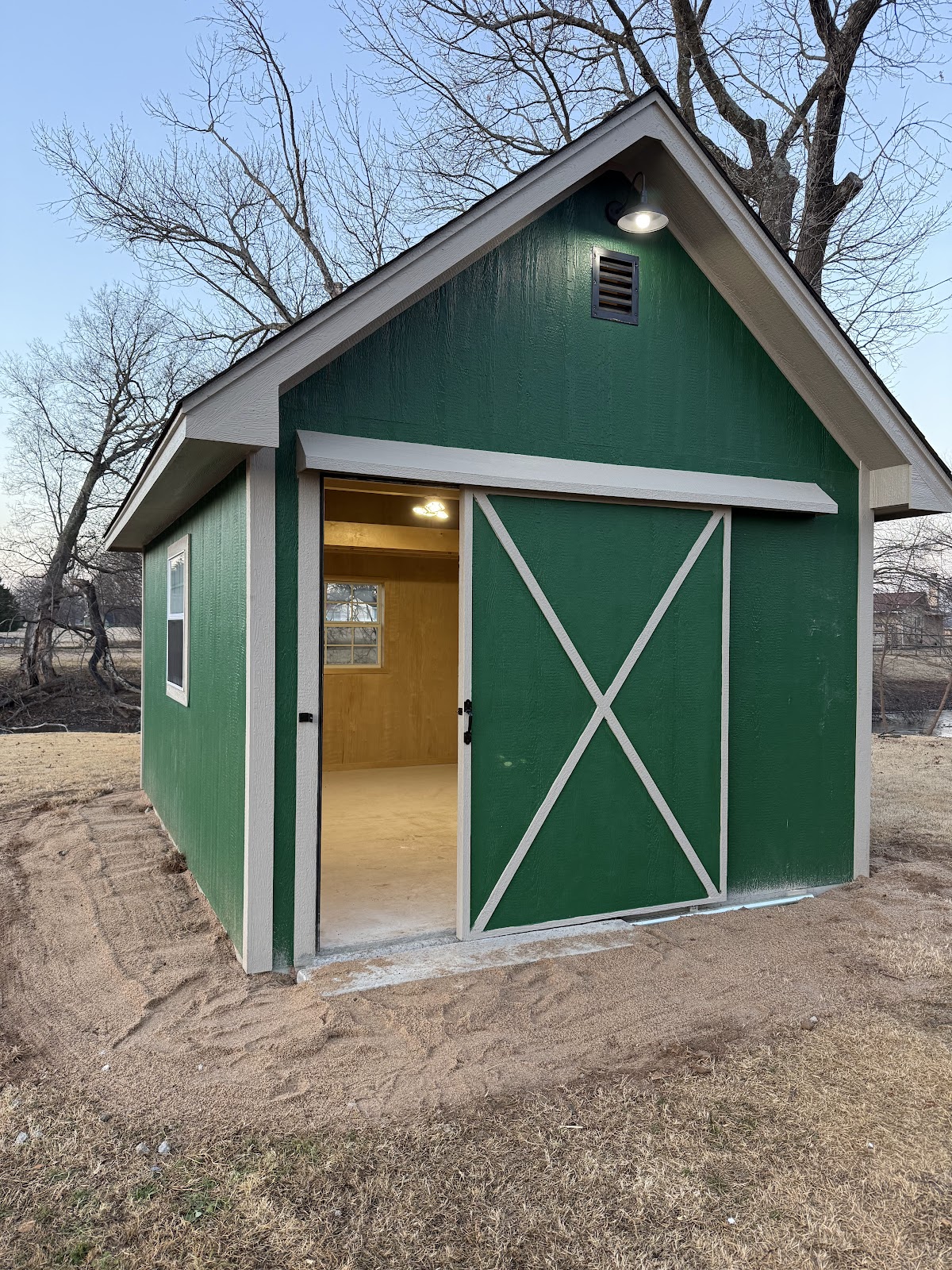 Green backyard shed with white trim and a barn style door